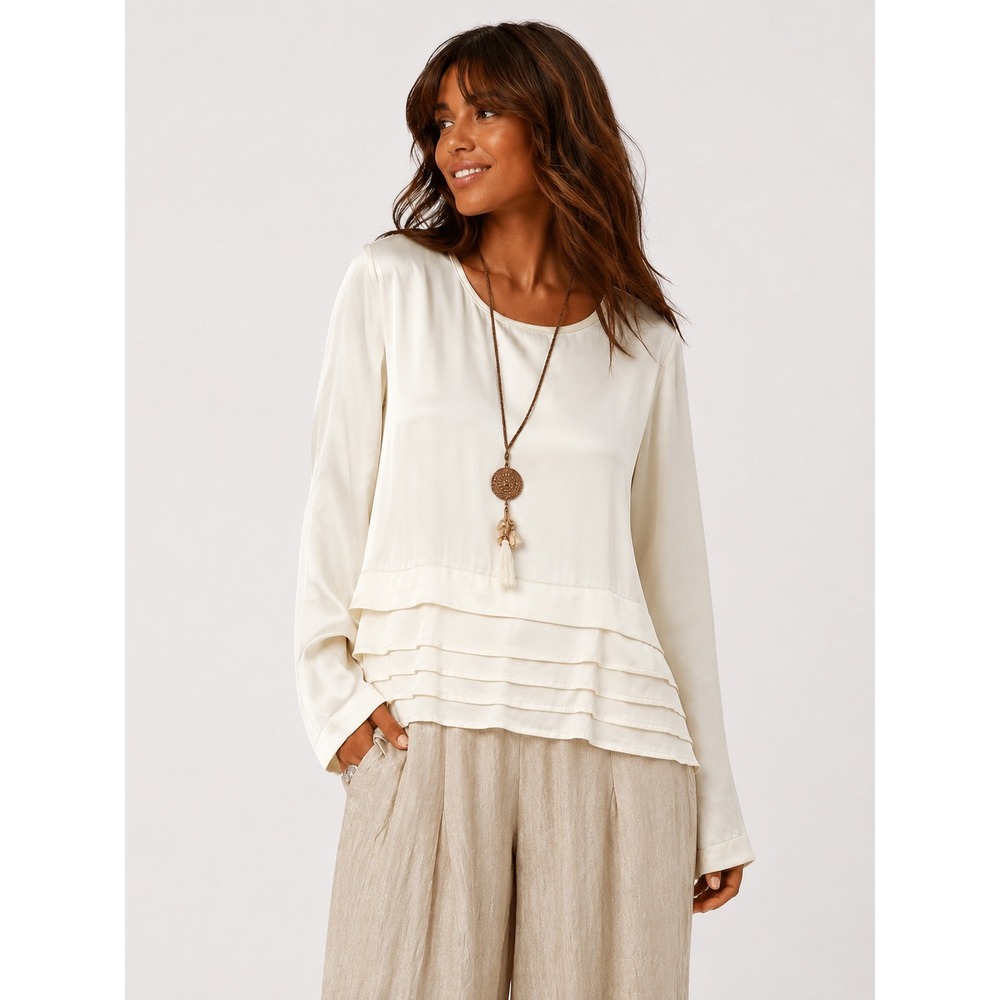 Ursime Cream Satin Ruffle Peplum Lagenlook Art Long Sleeve Blouse Top M